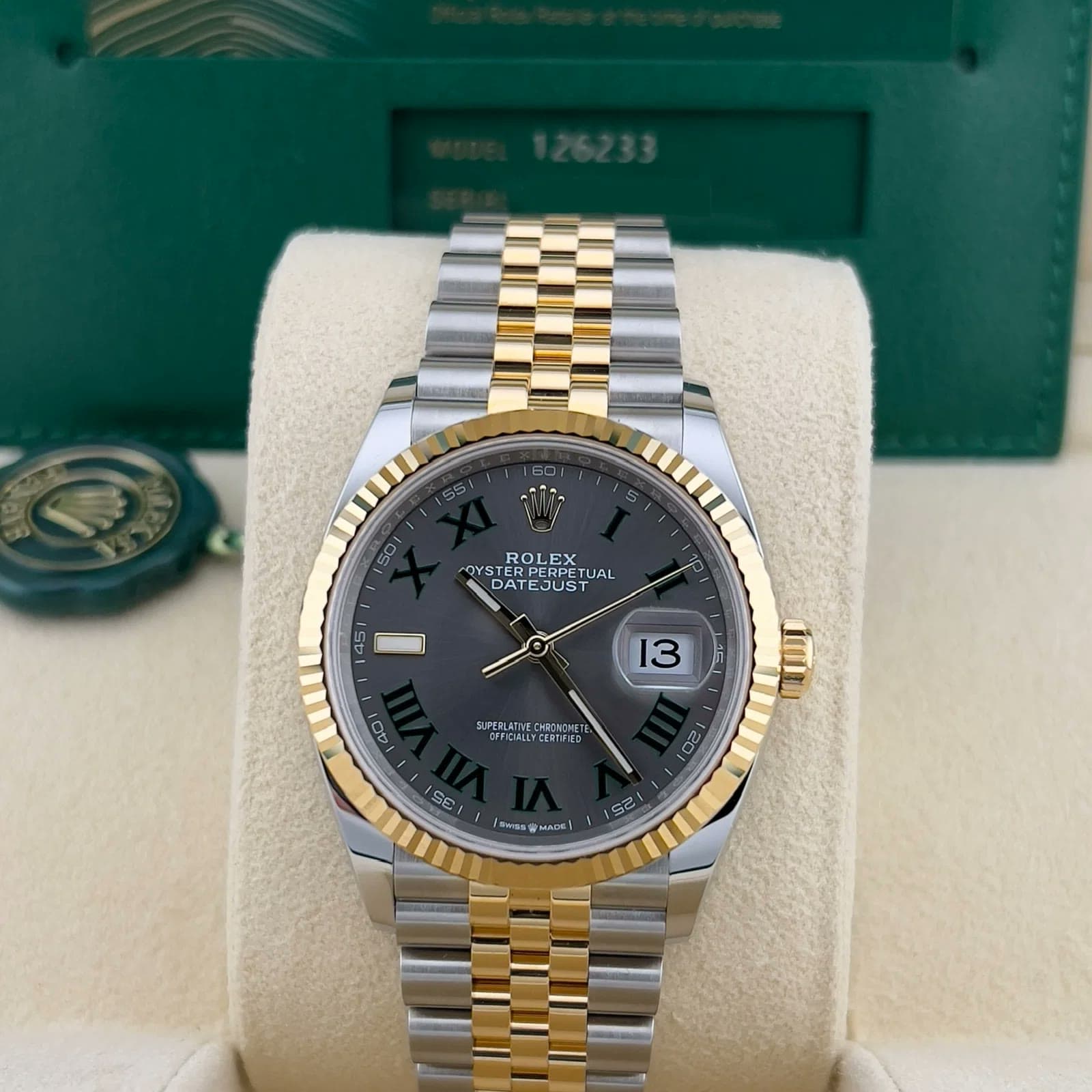 2025 Rolex Datejust 36 Two-Tone "Wimbledon" / Fluted / Jubilee 126233-0035 — 36 mm, Steel & Yellow Gold, Slate dial