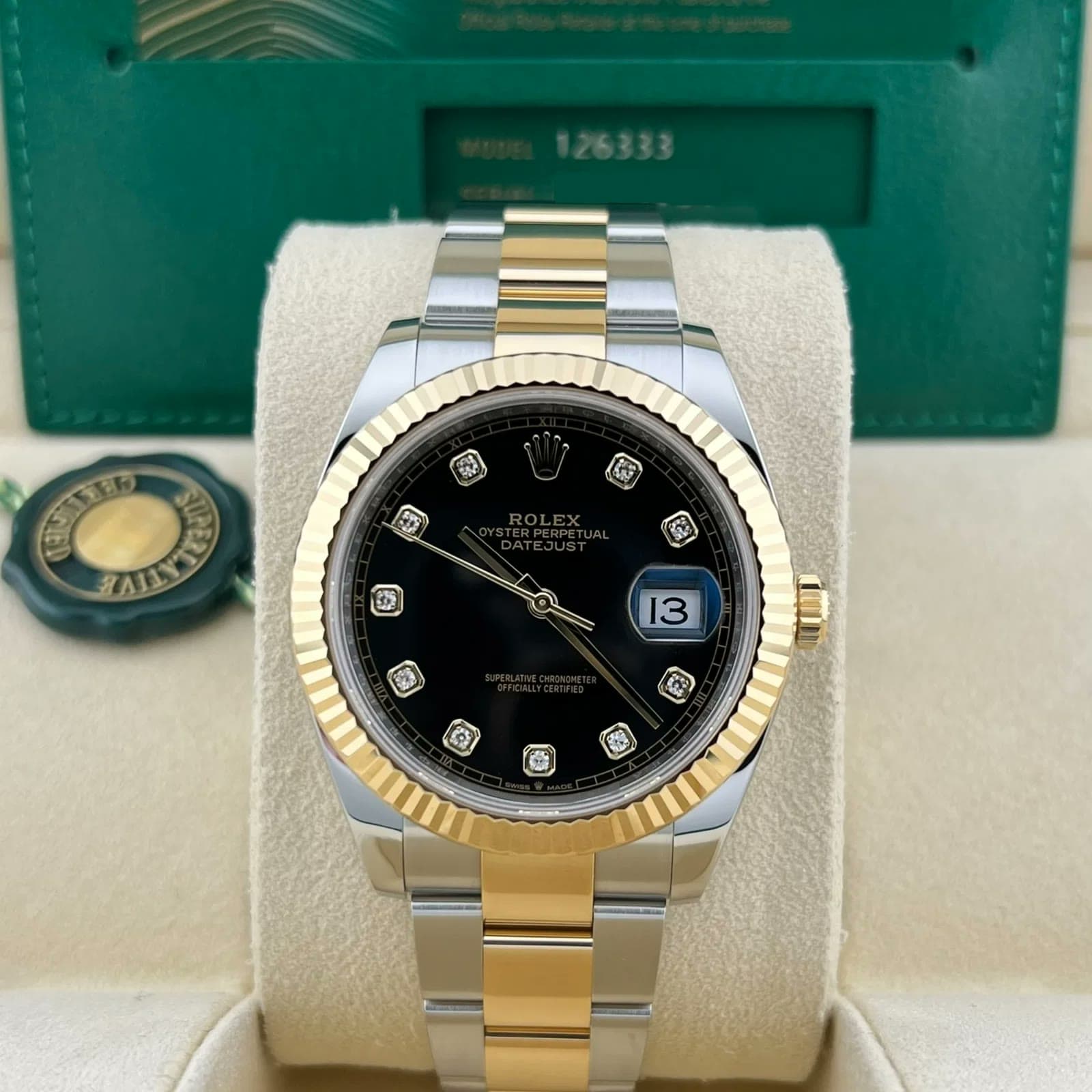 2020 Rolex Datejust 41 Two-Tone / Fluted / Black / Diamond-Set / Oyster 126333-0005 — 41 mm, Steel & Yellow Gold, Black dial