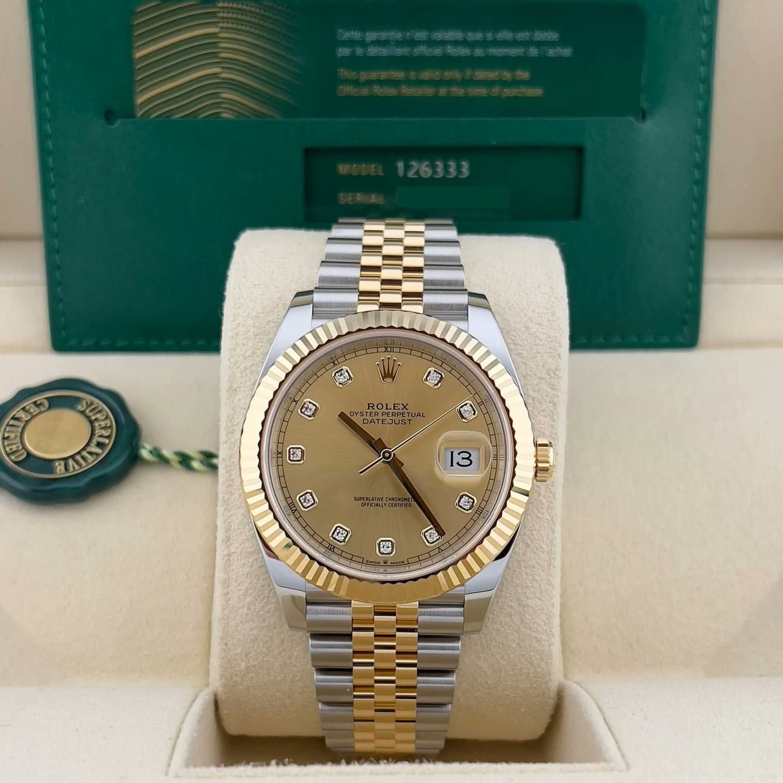 2025 Rolex Datejust 41 Two-Tone / Fluted / Champagne / Diamond-Set / Jubilee 126333-0012 — 41 mm, Steel & Yellow Gold, Champa
